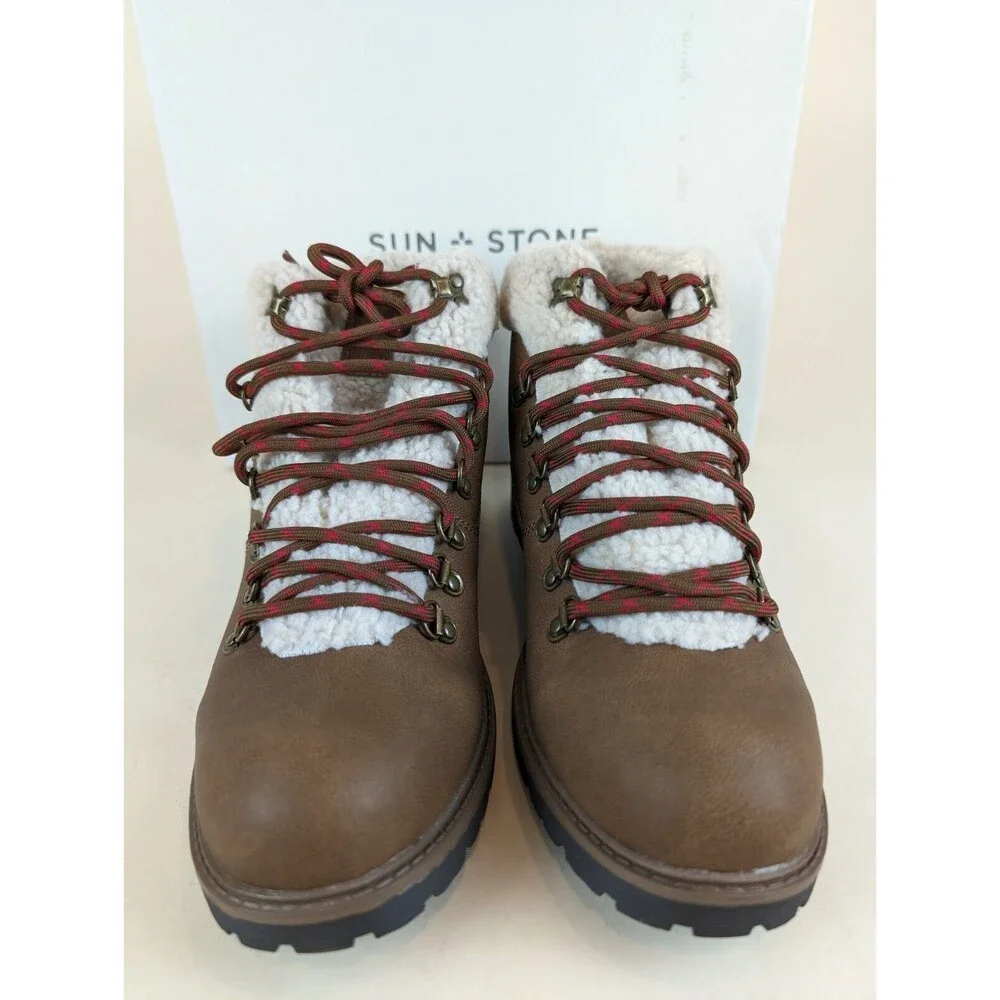 Sun Stone Glenn Lace Up Boots Mens 10 M Tan Faux Leather Fleece Shoes NWB